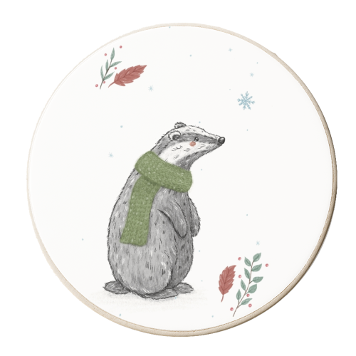 A Cute Badger Wearing a Snuggly Scarf - personalised beer coaster by Ellie Bednall