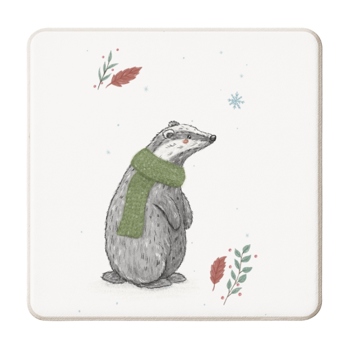 A Cute Badger Wearing a Snuggly Scarf - personalised beer coaster by Ellie Bednall