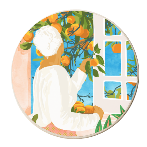 A Few Bad Oranges Is No Reason Not To Bring The Grove Home | Boho Botanical Garden Painting - personalised beer coaster by Uma Prabhakar Gokhale