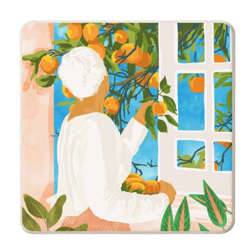 A Few Bad Oranges Is No Reason Not To Bring The Grove Home | Boho Botanical Garden Painting - personalised beer coaster by Uma Prabhakar Gokhale