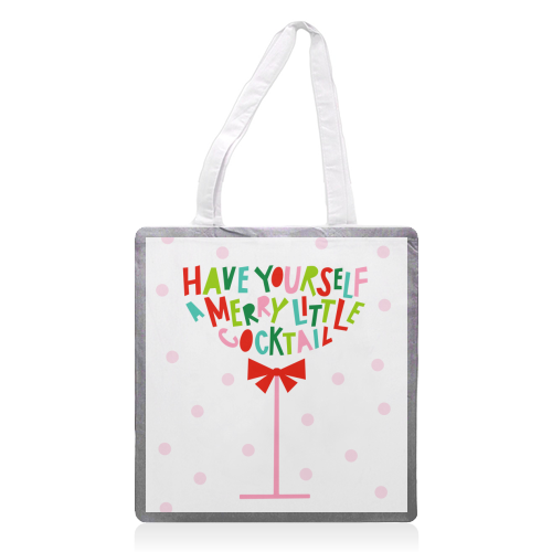 A Merry Little Cocktail • Typographic Christmas cut-out Art - printed canvas tote bag by Dominique Vari