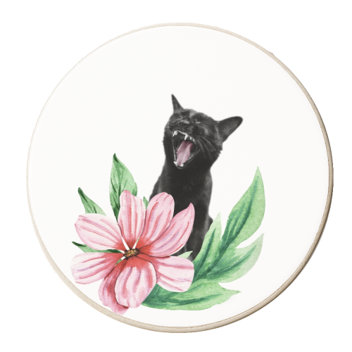 A yawning black cat - personalised beer coaster by DejaReve