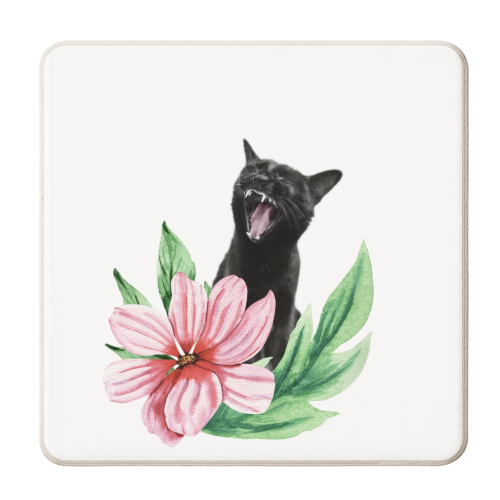A yawning black cat - personalised beer coaster by DejaReve