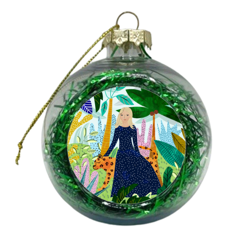 African Safari, Colorful Tropical Jungle Travel, Botanical Watercolor, Blonde Woman with a Leopard - xmas bauble by Uma Prabhakar Gokhale