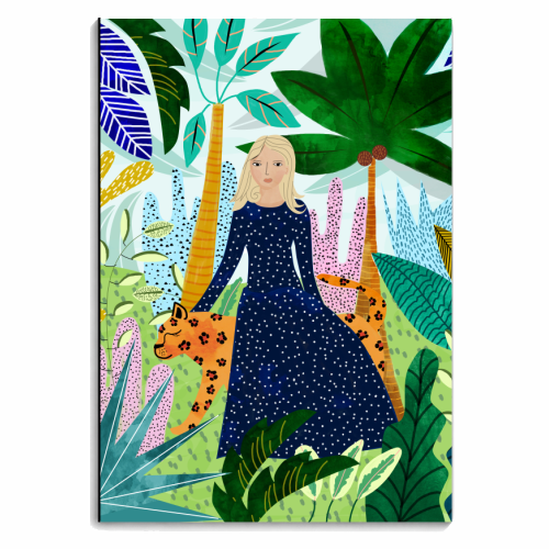 African Safari, Colorful Tropical Jungle Travel, Botanical Watercolor, Blonde Woman with a Leopard - personalised A4, A5, A6 notebook by Uma Prabhakar Gokhale