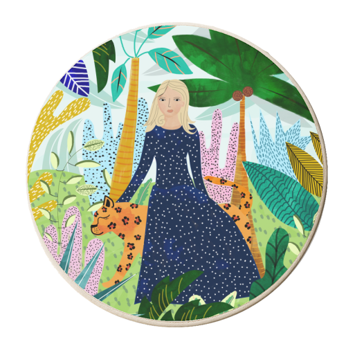African Safari, Colorful Tropical Jungle Travel, Botanical Watercolor, Blonde Woman with a Leopard - personalised beer coaster by Uma Prabhakar Gokhale