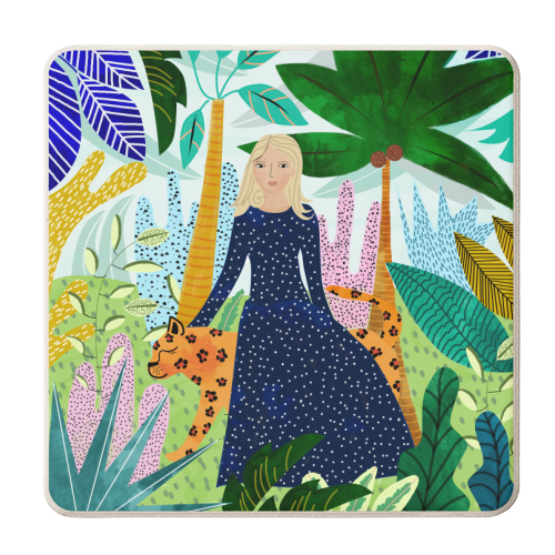 African Safari, Colorful Tropical Jungle Travel, Botanical Watercolor, Blonde Woman with a Leopard - personalised beer coaster by Uma Prabhakar Gokhale