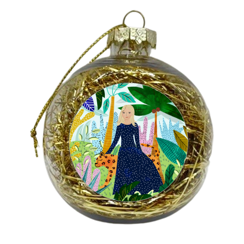 African Safari, Colorful Tropical Jungle Travel, Botanical Watercolor, Blonde Woman with a Leopard - xmas bauble by Uma Prabhakar Gokhale