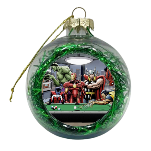 Afterhours: Marvel Superheroes Relax Playing Pool - Featuring X-Men & Avengers, Wolverine, Spider-Man, Black Widow, Nightcrawler, Iron Man and Hulk - xmas bauble by Dan Avenell