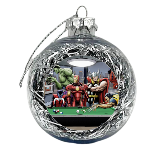 Afterhours: Marvel Superheroes Relax Playing Pool - Featuring X-Men & Avengers, Wolverine, Spider-Man, Black Widow, Nightcrawler, Iron Man and Hulk - xmas bauble by Dan Avenell