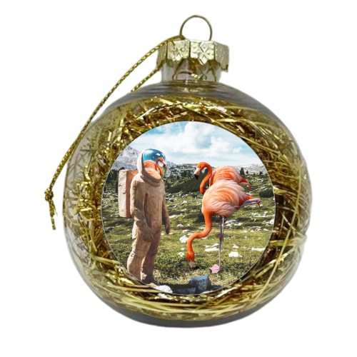 Alternate Reality, Surrealism Digital Photography, Space Flamingo Astronaut Collage - xmas bauble by Uma Prabhakar Gokhale