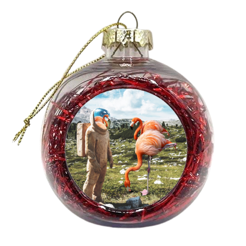 Alternate Reality, Surrealism Digital Photography, Space Flamingo Astronaut Collage - xmas bauble by Uma Prabhakar Gokhale