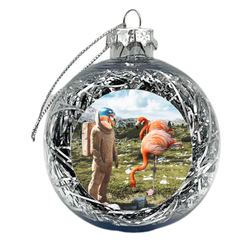 Alternate Reality, Surrealism Digital Photography, Space Flamingo Astronaut Collage - xmas bauble by Uma Prabhakar Gokhale