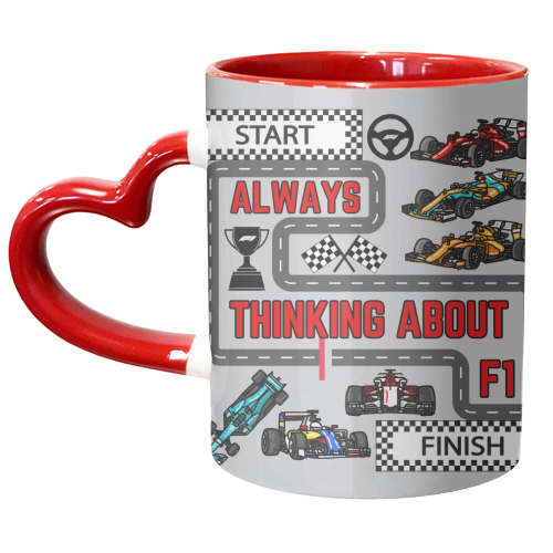 ALWAYS THINKING ABOUT F1 - unique mug by Ms Doodle