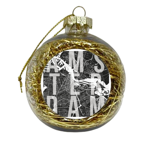 Amsterdam Mono Street Map Text Overlay - xmas bauble by Toni Scott