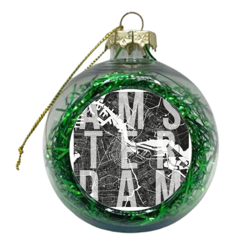 Amsterdam Mono Street Map Text Overlay - xmas bauble by Toni Scott