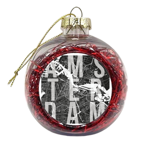 Amsterdam Mono Street Map Text Overlay - xmas bauble by Toni Scott