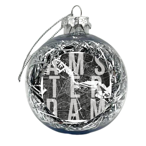 Amsterdam Mono Street Map Text Overlay - xmas bauble by Toni Scott