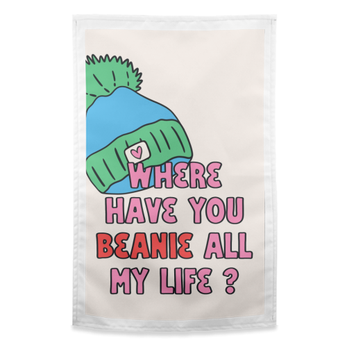 Beanie Love: Whimsical and cute design -  Love & Anniversary - funny tea towel by Lisa Wardle