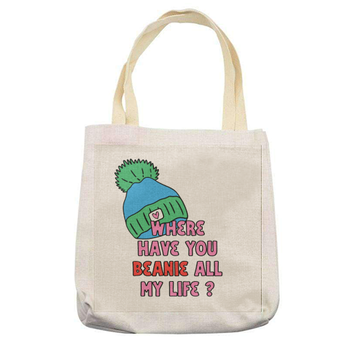 Beanie Love: Whimsical and cute design -  Love & Anniversary - printed canvas tote bag by Lisa Wardle