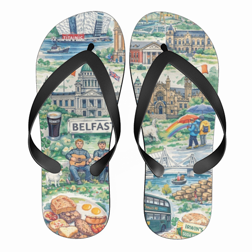 Belfast Watercolour - funny flip flops by Ms Doodle