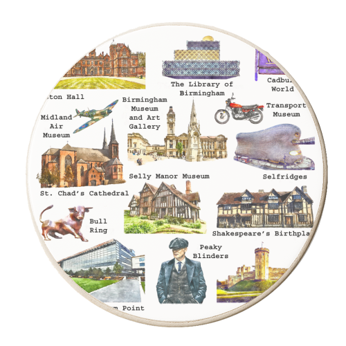 Birmingham Landmarks on White - personalised beer coaster by AP