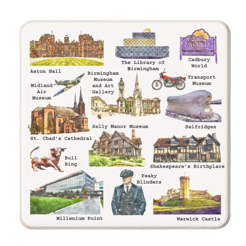 Birmingham Landmarks on White - personalised beer coaster by AP