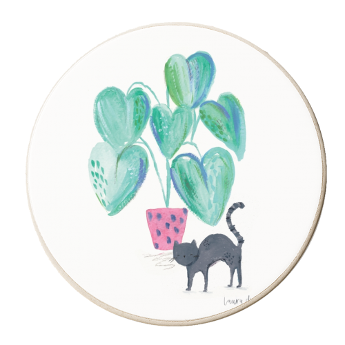 Black cat and house plant painting - personalised beer coaster by lauradidthis