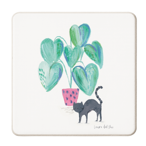 Black cat and house plant painting - personalised beer coaster by lauradidthis