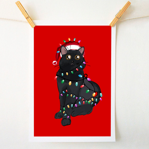 Black Cat Christmas Lights - A1 - A4 art print by EZbie
