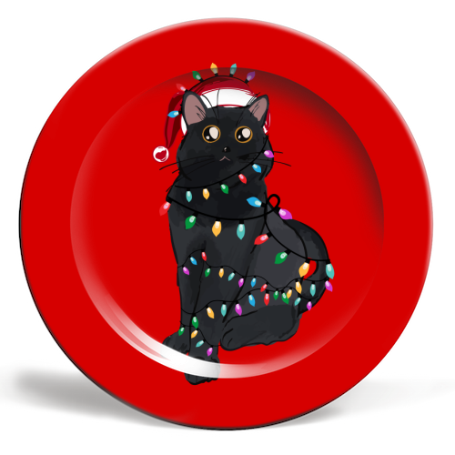 Black Cat Christmas Lights - ceramic dinner plate by EZbie