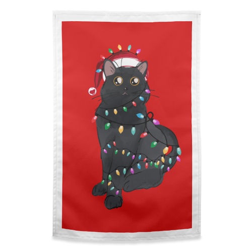 Black Cat Christmas Lights - funny tea towel by EZbie