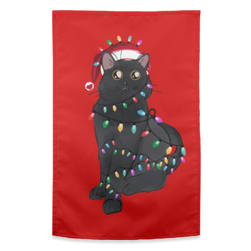 Black Cat Christmas Lights - funny tea towel by EZbie