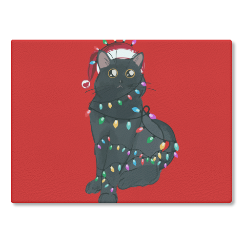 Black Cat Christmas Lights - glass chopping board by EZbie