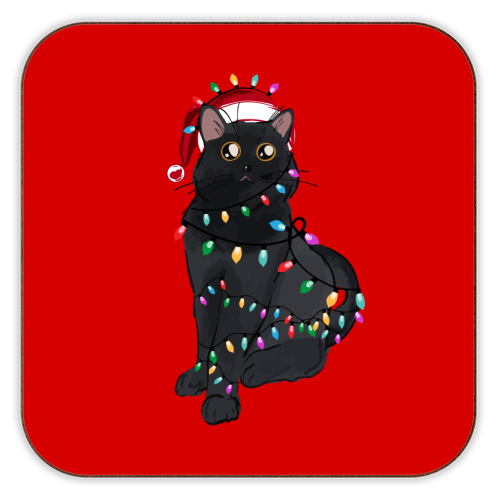 Black Cat Christmas Lights - personalised beer coaster by EZbie
