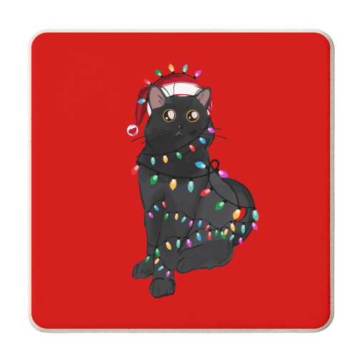 Black Cat Christmas Lights - personalised beer coaster by EZbie