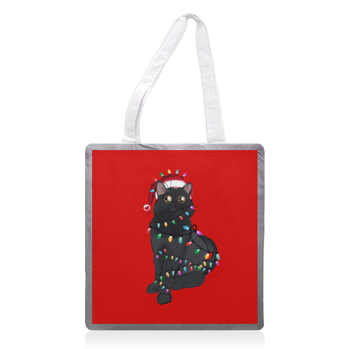 Black Cat Christmas Lights - printed canvas tote bag by EZbie