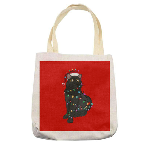 Black Cat Christmas Lights - printed canvas tote bag by EZbie