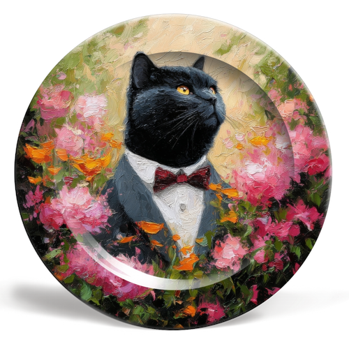 Black cat gentleman - ceramic dinner plate by DejaReve