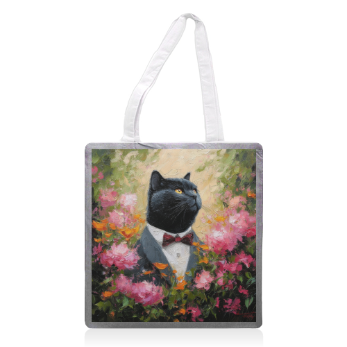 Black cat gentleman - printed canvas tote bag by DejaReve