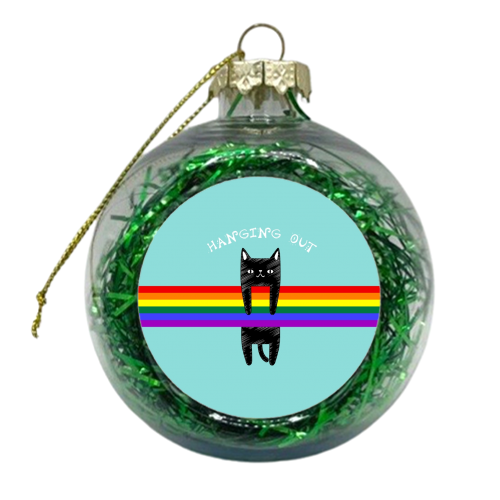 Black Cat Hanging Out / Cute Black Cat Hanging On A Rainbow - xmas bauble by InspiredImages