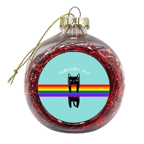 Black Cat Hanging Out / Cute Black Cat Hanging On A Rainbow - xmas bauble by InspiredImages
