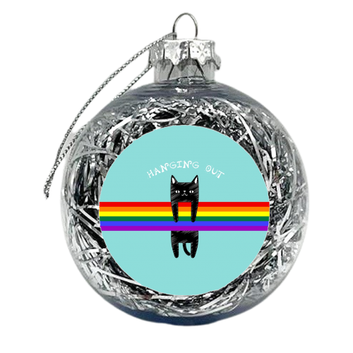 Black Cat Hanging Out / Cute Black Cat Hanging On A Rainbow - xmas bauble by InspiredImages