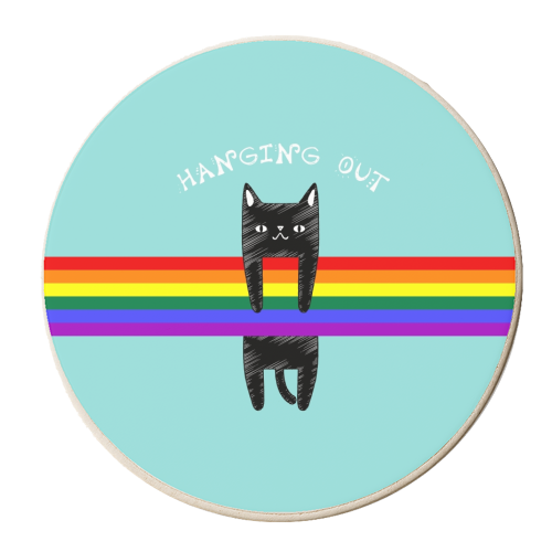 Black Cat Hanging Out / Cute Black Cat Hanging On A Rainbow - personalised beer coaster by InspiredImages