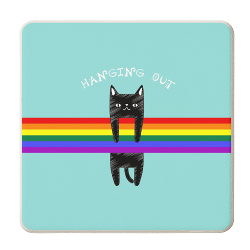 Black Cat Hanging Out / Cute Black Cat Hanging On A Rainbow - personalised beer coaster by InspiredImages