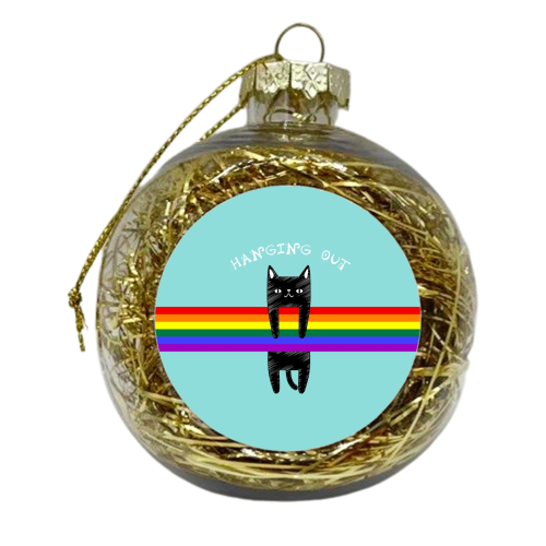Black Cat Hanging Out / Cute Black Cat Hanging On A Rainbow - xmas bauble by InspiredImages