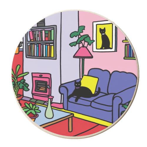 Black cat in living room - personalised beer coaster by DejaReve