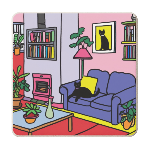 Black cat in living room - personalised beer coaster by DejaReve