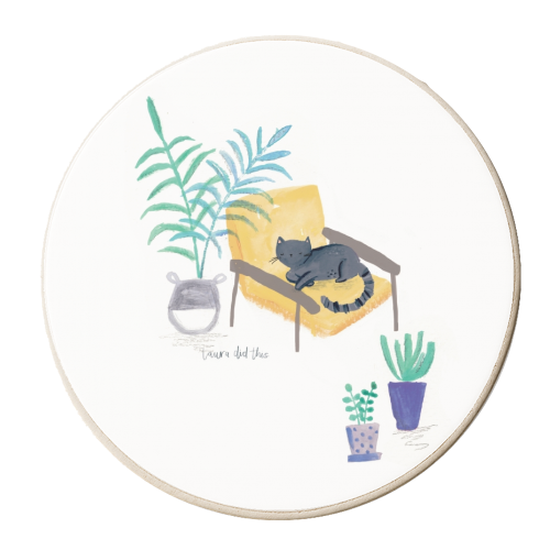 black cat in yellow chair scandi interior - personalised beer coaster by lauradidthis