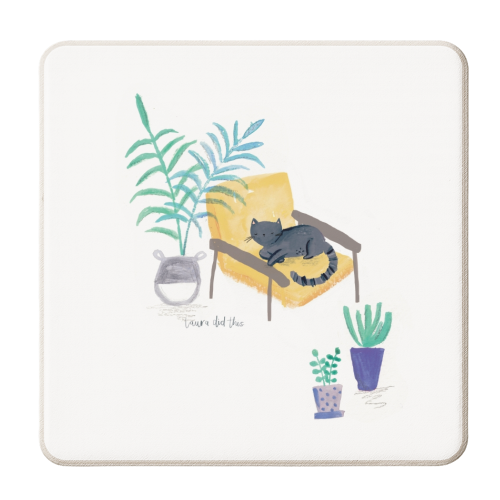 black cat in yellow chair scandi interior - personalised beer coaster by lauradidthis